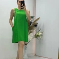 Keten Kumaş Kolsuz Elbise Yeşil