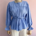 Kolları Lastikli Belden Bağlamalı Gömlek Mavi