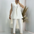 Kravuze Yaka Yelek Pantolon Takım Beyaz