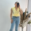 Önü Fırfır Detaylı Gömlek Bluz Sarı