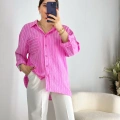 Pembe Çizgili omuz Düşük Gömlek
