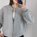 Şık Tasarımlı İncili Şardonlu Crop Top Sweatshirt Gri