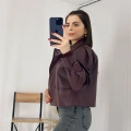 Tasarım Parçalı Kısa Deri Ceket Bordo