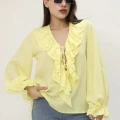 V Yaka Fırfırlı Bluz Sarı