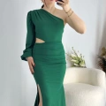 Yeşil Bel Dekolteli İthal Krep Kumaş Tek Kol Abiye