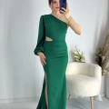 Yeşil Bel Dekolteli İthal Krep Kumaş Tek Kol Abiye