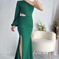 Yeşil Bel Dekolteli İthal Krep Kumaş Tek Kol Abiye