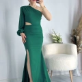 Yeşil Bel Dekolteli İthal Krep Kumaş Tek Kol Abiye