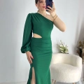 Yeşil Bel Dekolteli İthal Krep Kumaş Tek Kol Abiye