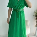 Yeşil Kravuze Yaka Keten Elbise