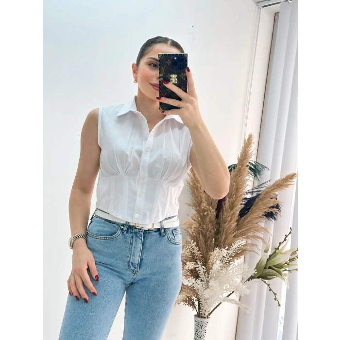 Beyaz Sıfır Kol Beli Gipe Lastikli Korseli Poplin Gömlek