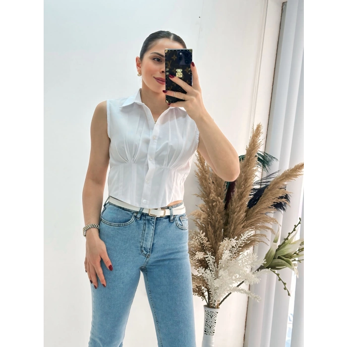 Beyaz Sıfır Kol Beli Gipe Lastikli Korseli Poplin Gömlek