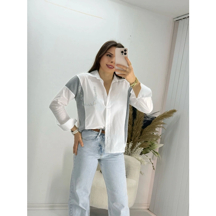 Beyaz Taşlı Triko Detay Gömlek Beyaz
