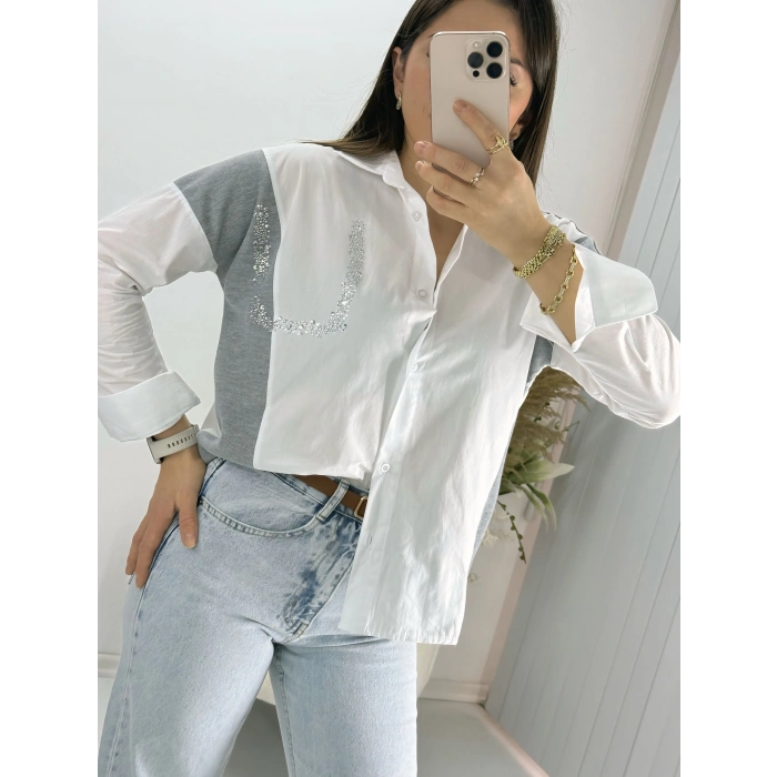 Beyaz Taşlı Triko Detay Gömlek Beyaz