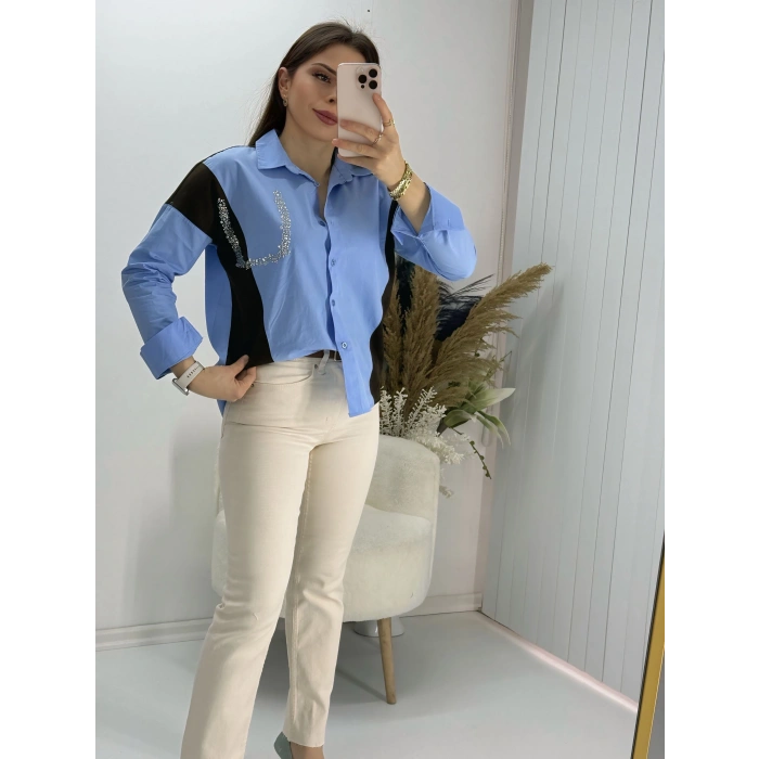 Beyaz Taşlı Triko Detay Gömlek Mavi