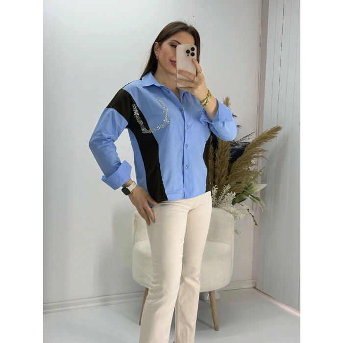 Beyaz Taşlı Triko Detay Gömlek Mavi