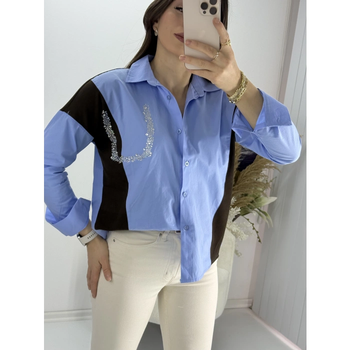 Beyaz Taşlı Triko Detay Gömlek Mavi