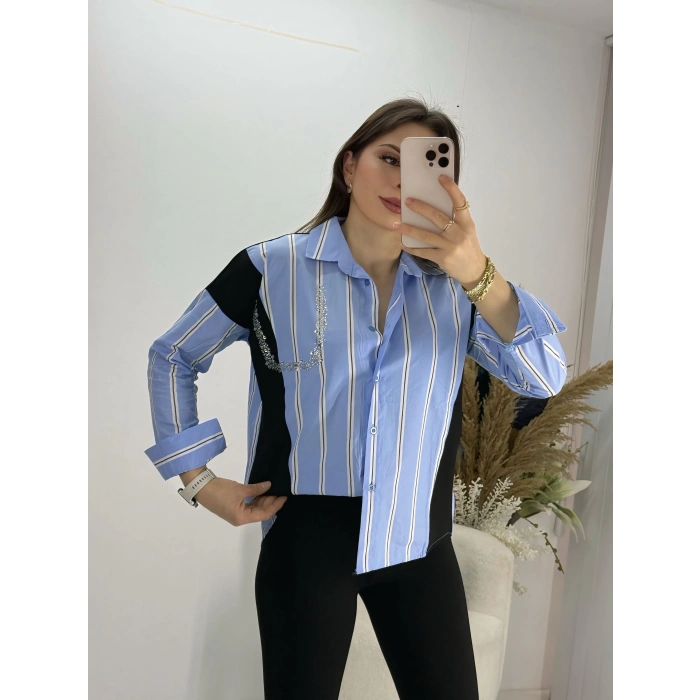 Mavi Çizgili Taşlı Triko Detay Gömlek