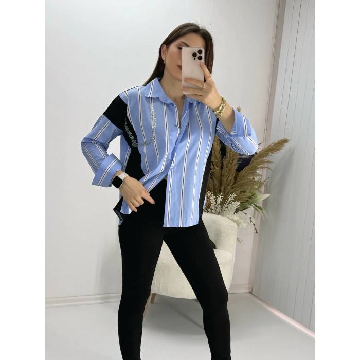Mavi Çizgili Taşlı Triko Detay Gömlek