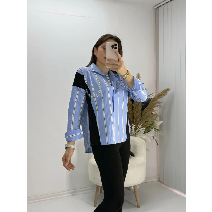 Mavi Çizgili Taşlı Triko Detay Gömlek