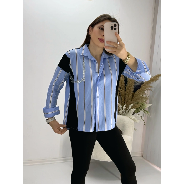 Mavi Çizgili Taşlı Triko Detay Gömlek