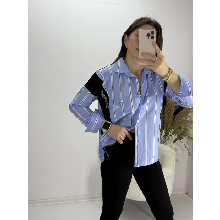 Mavi Çizgili Taşlı Triko Detay Gömlek