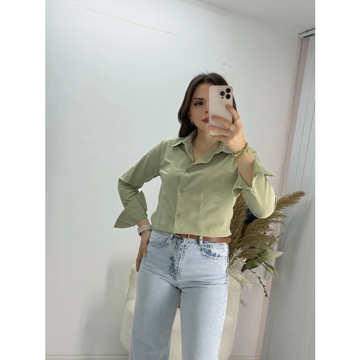 Yeşil Pensli slim fit Uzun Kollu Gömlek