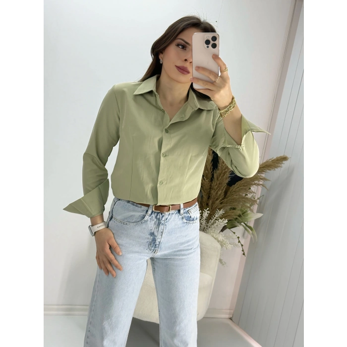 Yeşil Pensli slim fit Uzun Kollu Gömlek