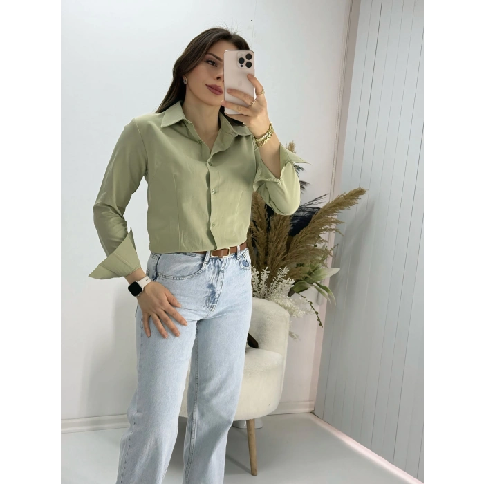 Yeşil Pensli slim fit Uzun Kollu Gömlek