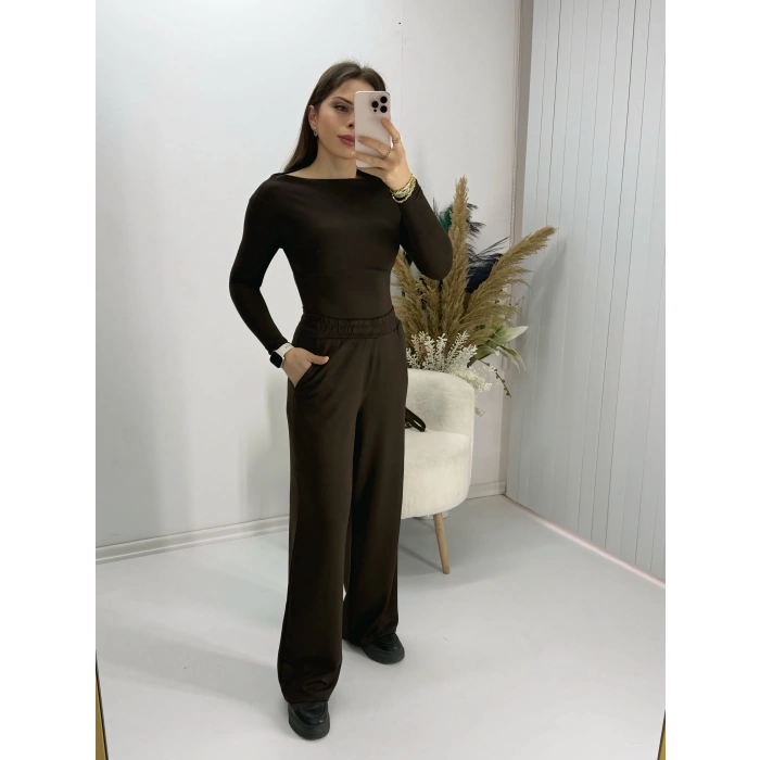 Oysho Uzun Kollu Bady Pantolon Takım Kahve