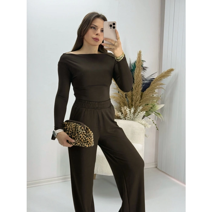 Oysho Uzun Kollu Bady Pantolon Takım Kahve