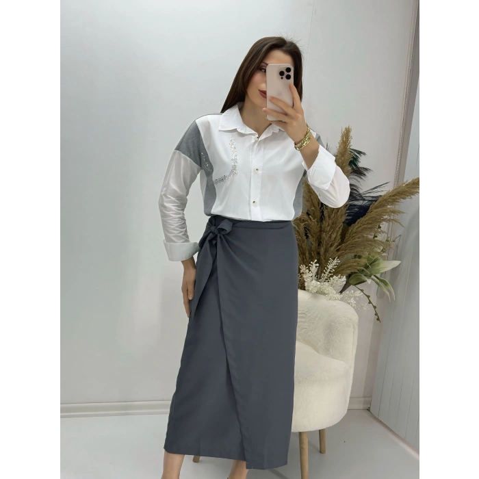 Bağlama Detaylı Gri Etek