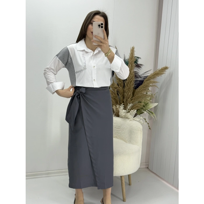 Bağlama Detaylı Gri Etek