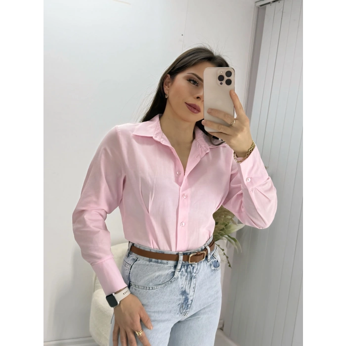 Pembe Pensli slim fit Uzun Kollu Gömlek