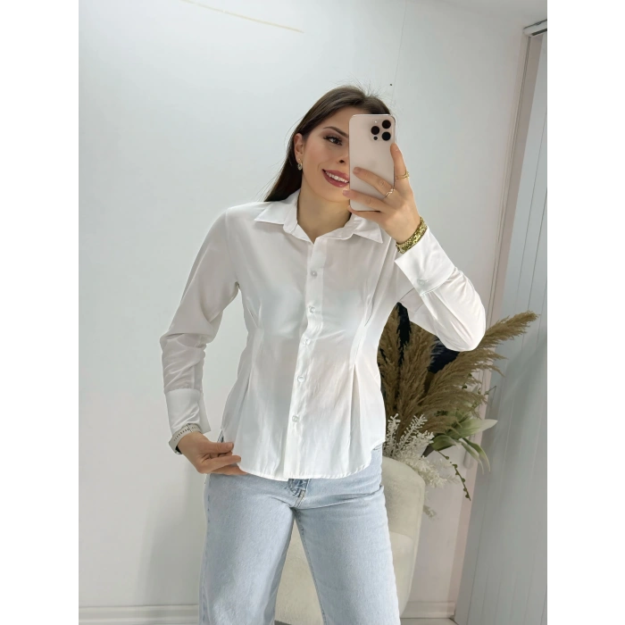Beyaz Pensli slim fit Uzun Kollu Gömlek