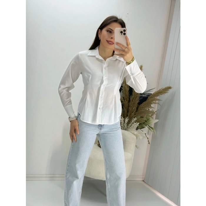 Beyaz Pensli slim fit Uzun Kollu Gömlek