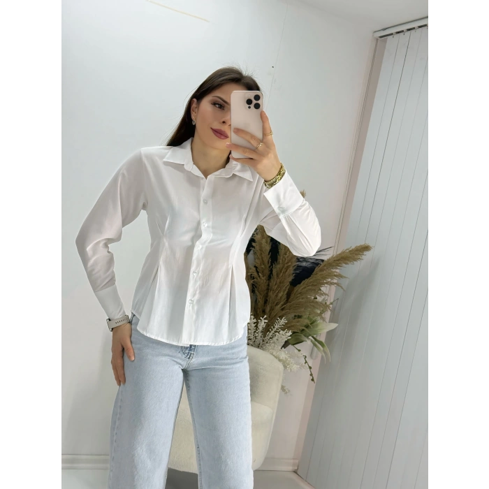 Beyaz Pensli slim fit Uzun Kollu Gömlek