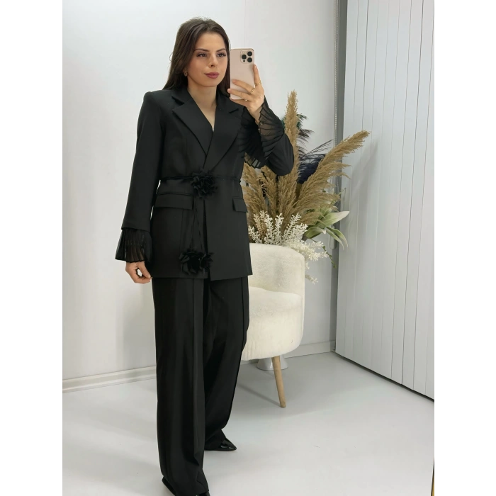 Çiçek Aksesuar Detaylı Şifon Kol Ucu Takım