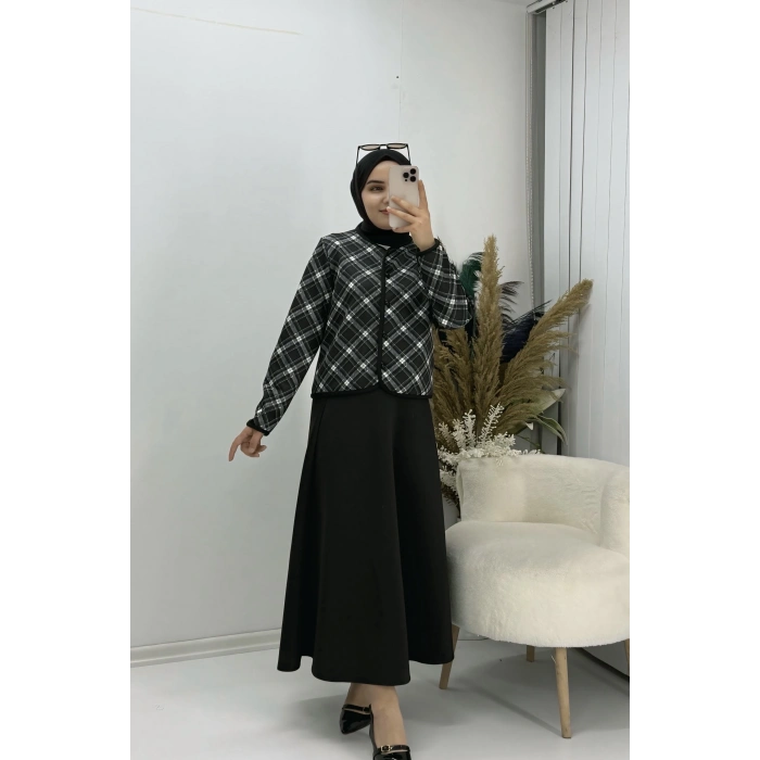 Ekoseli Ceketli Etekli Scuba Takım Siyah