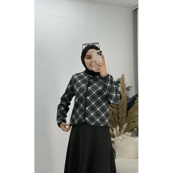 Ekoseli Ceketli Etekli Scuba Takım Siyah