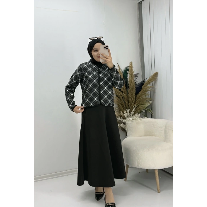 Ekoseli Ceketli Etekli Scuba Takım Siyah