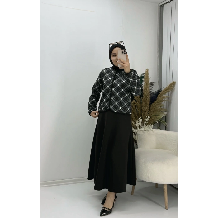 Ekoseli Ceketli Etekli Scuba Takım Siyah