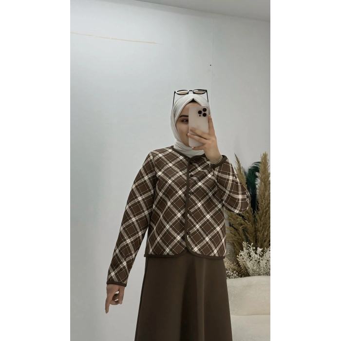 Ekoseli Ceketli Etekli Scuba Takım Kahve