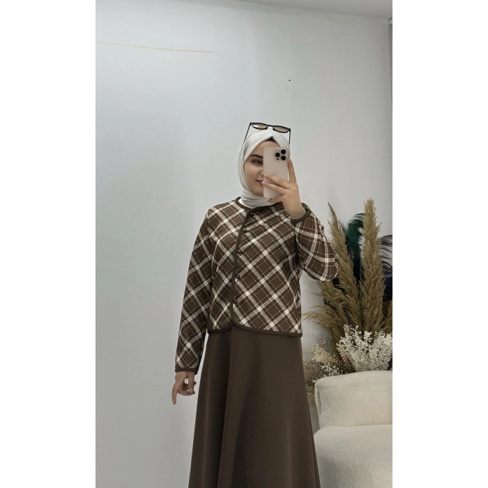 Ekoseli Ceketli Etekli Scuba Takım Kahve