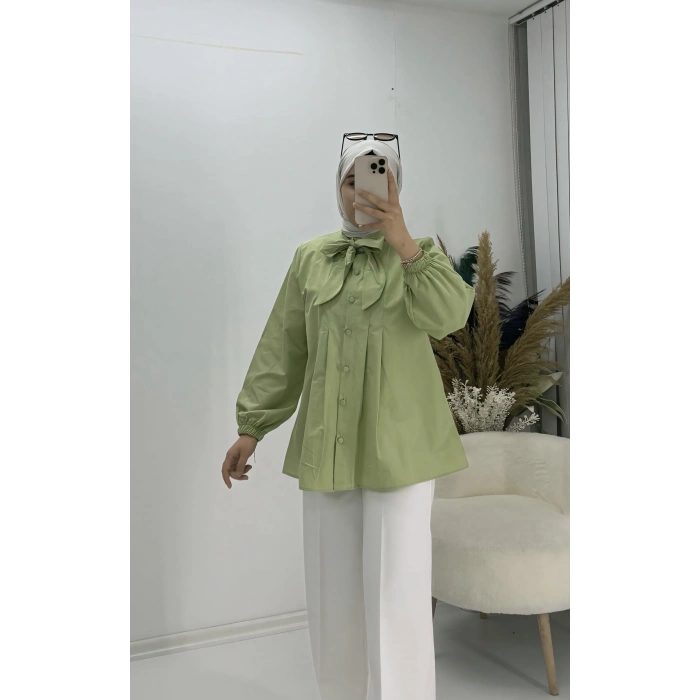 Yakası Bağlamalı Salaş Tunik Yağ Yeşil