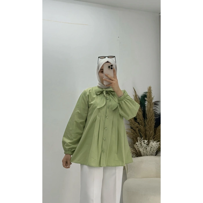 Yakası Bağlamalı Salaş Tunik Yağ Yeşil