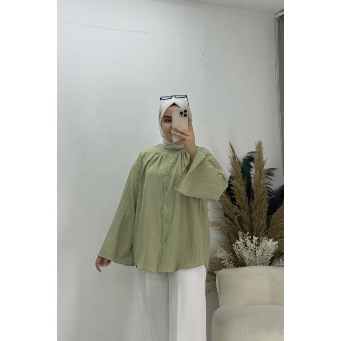 Geniş Kol Piliseli Gömlek yağ Yeşil