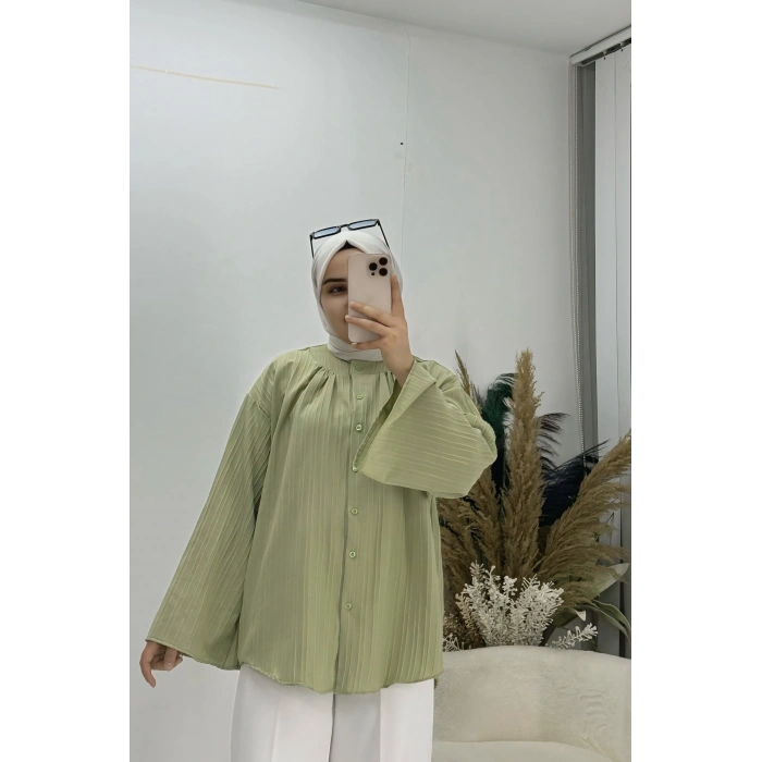 Geniş Kol Piliseli Gömlek yağ Yeşil