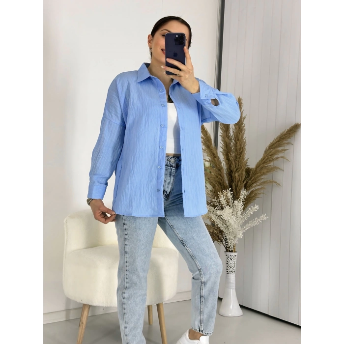 Ağaç Kabuğu Oversize Keten Mavi Gömlek