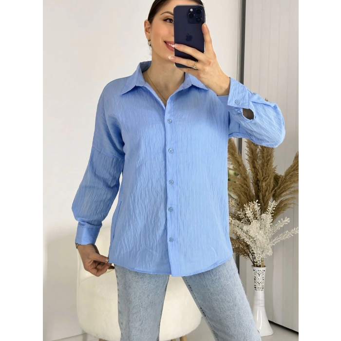 Ağaç Kabuğu Oversize Keten Mavi Gömlek